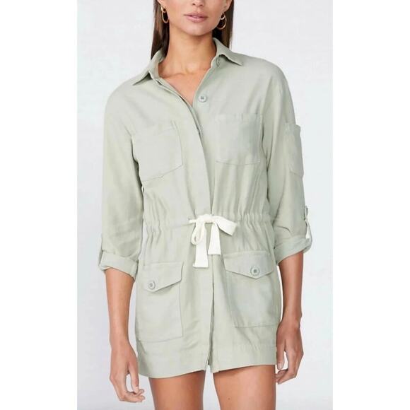 Monrow Sage Green Twill Long Sleeve Pocket Mini Shirt Dress Size Small NWT - Picture 1 of 10